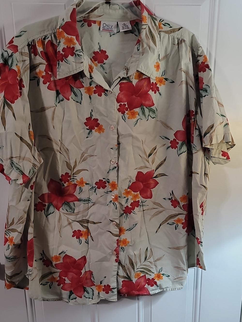 Only Necessities Cream Button-Down Shirt with Red & Orange Floral Print
